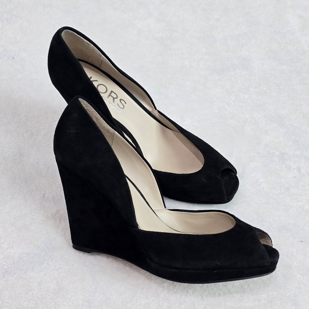 Women's Michael Kors Wedges Peep Toe Black Suede Heels Pumps  Size 9.5  Slip On